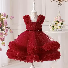 DoDo Maroon Tulle Flower Girl Dress - Knee Length Pearl Belt Wedding Party Dress