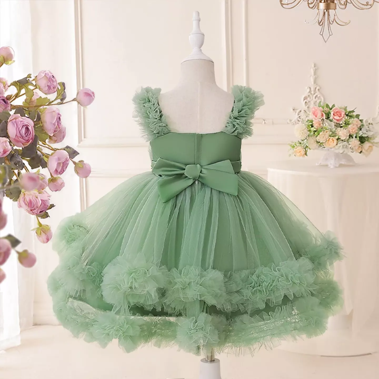 DoDo Sage Green Tulle Flower Girl Dress - Knee Length Pearl Belt Wedding Party Dress