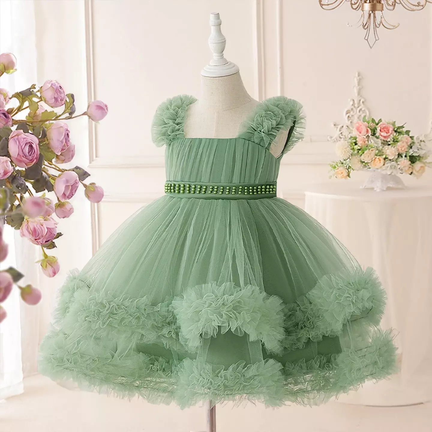DoDo Sage Green Tulle Flower Girl Dress - Knee Length Pearl Belt Wedding Party Dress
