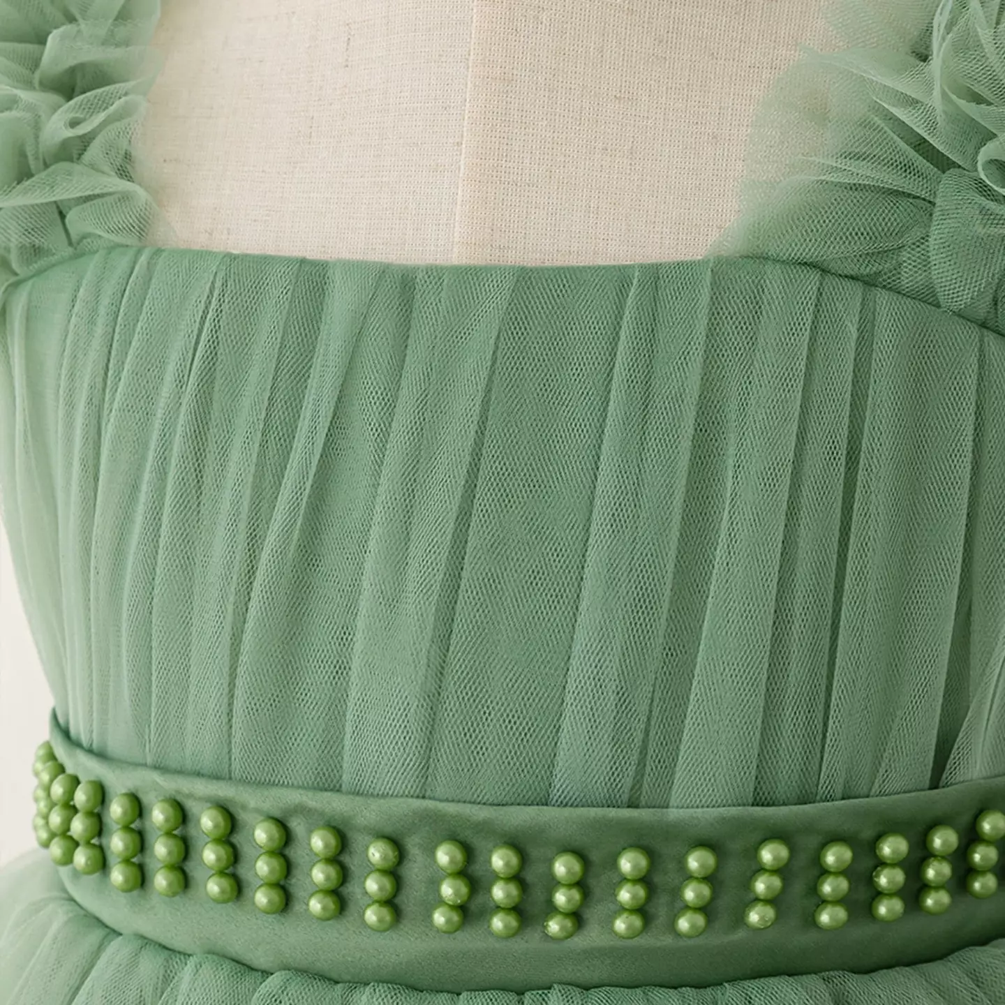 DoDo Sage Green Tulle Flower Girl Dress - Knee Length Pearl Belt Wedding Party Dress