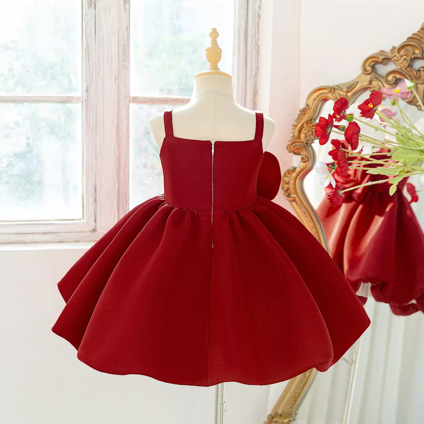 Angelina Maroon 3D Rose Satin Girls Party Dress - Knee Length Junior Bridesmaid & Birthday Dress