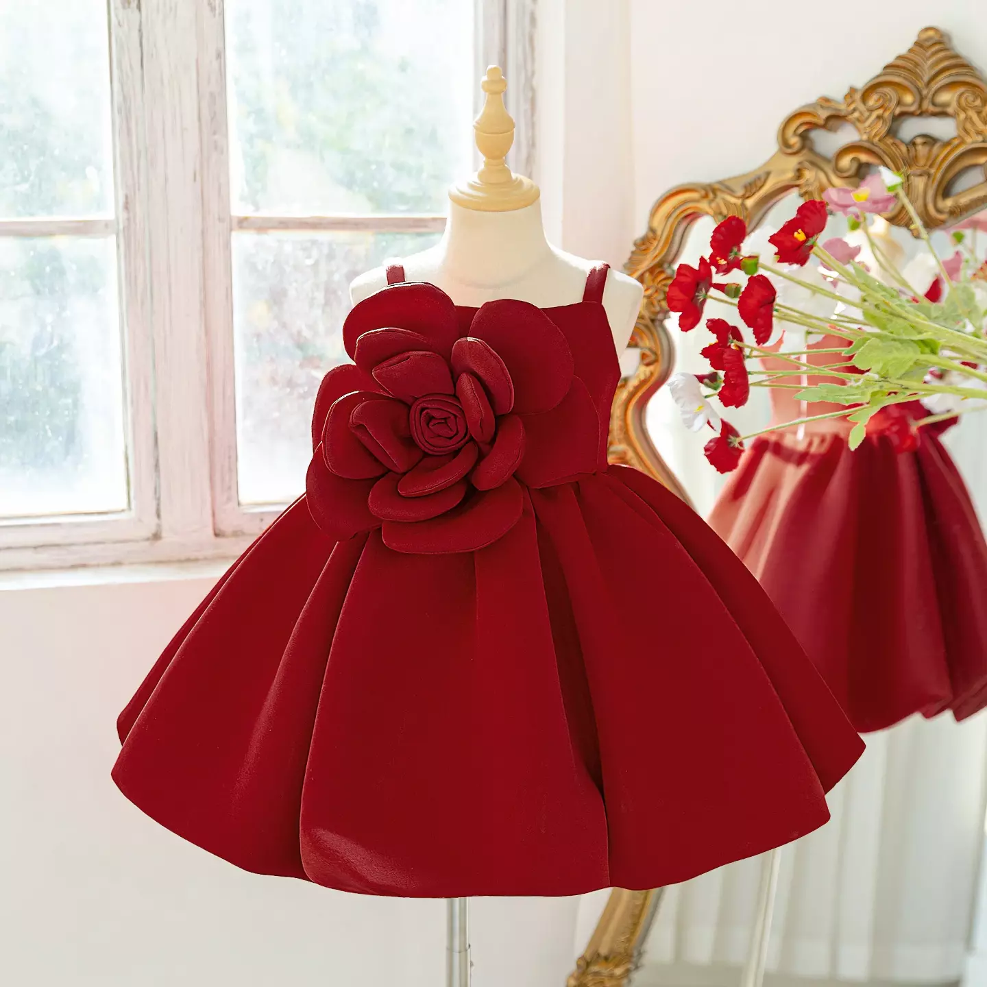 Angelina Maroon 3D Rose Satin Girls Party Dress - Knee Length Junior Bridesmaid & Birthday Dress