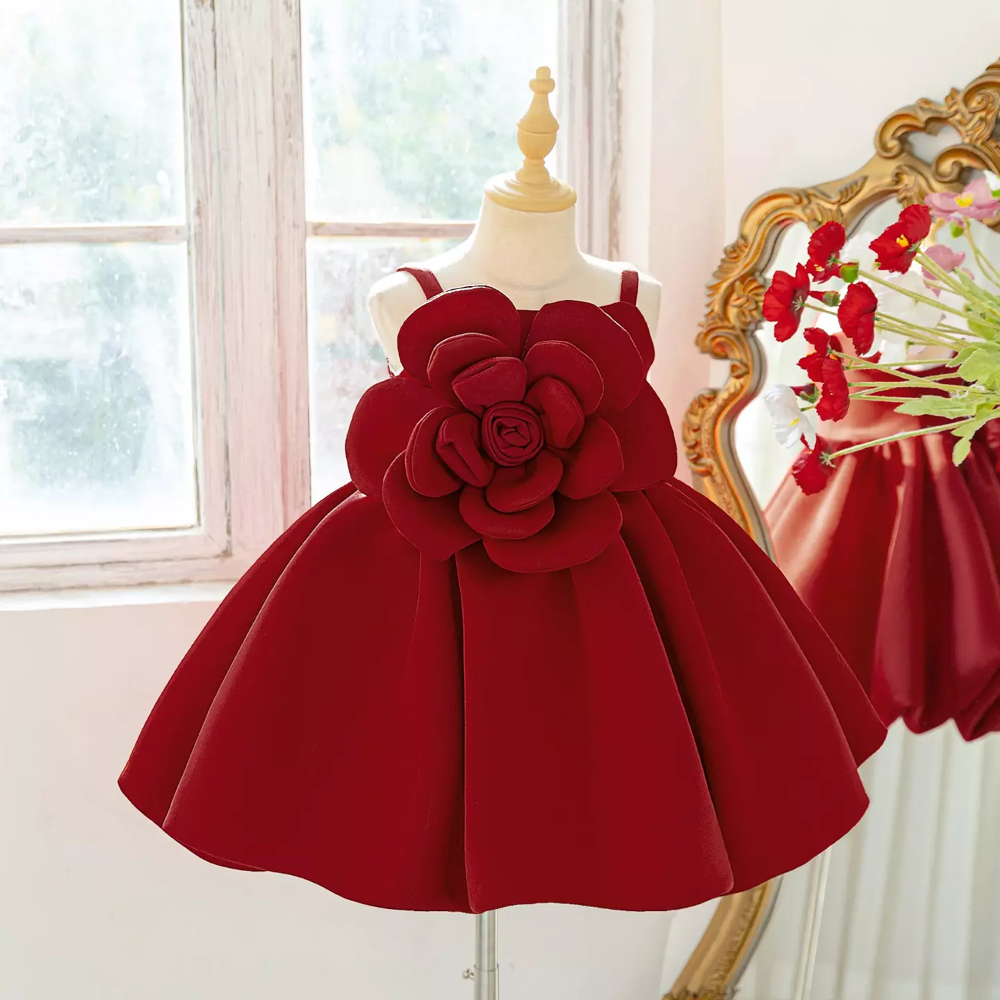 Angelina Maroon 3D Rose Satin Girls Party Dress - Knee Length Junior Bridesmaid & Birthday Dress