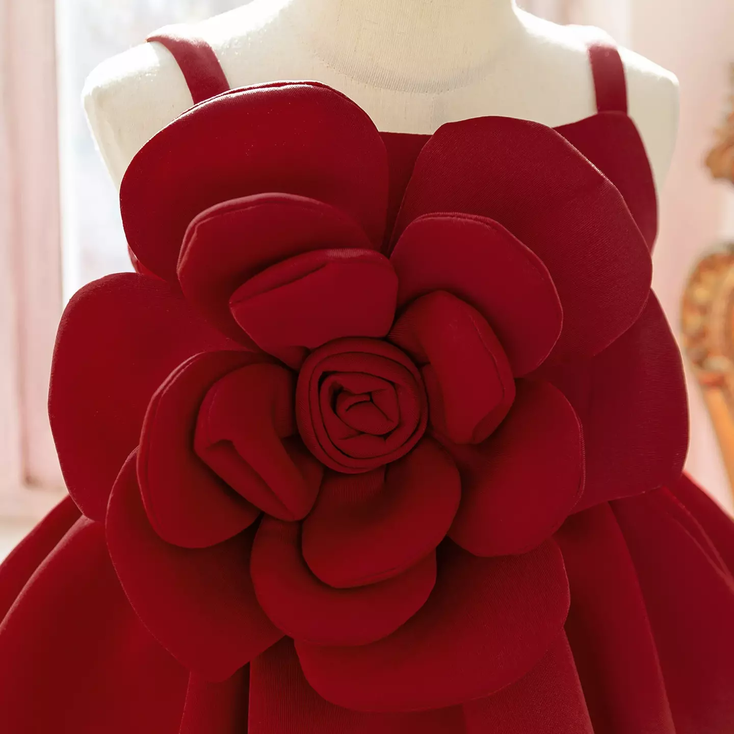 Angelina Maroon 3D Rose Satin Girls Party Dress - Knee Length Junior Bridesmaid & Birthday Dress