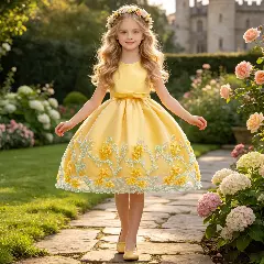 Yeri Yellow 3D Floral Satin Girls Party Dress - Knee Length Junior Bridesmaid & Birthday Dress