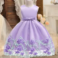 Yeri Lavender 3D Floral Satin Girls Party Dress - Knee Length Junior Bridesmaid & Birthday Dress