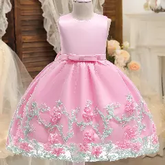 Yeri Pink 3D Floral Satin Girls Party Dress - Knee Length Junior Bridesmaid & Birthday Dress