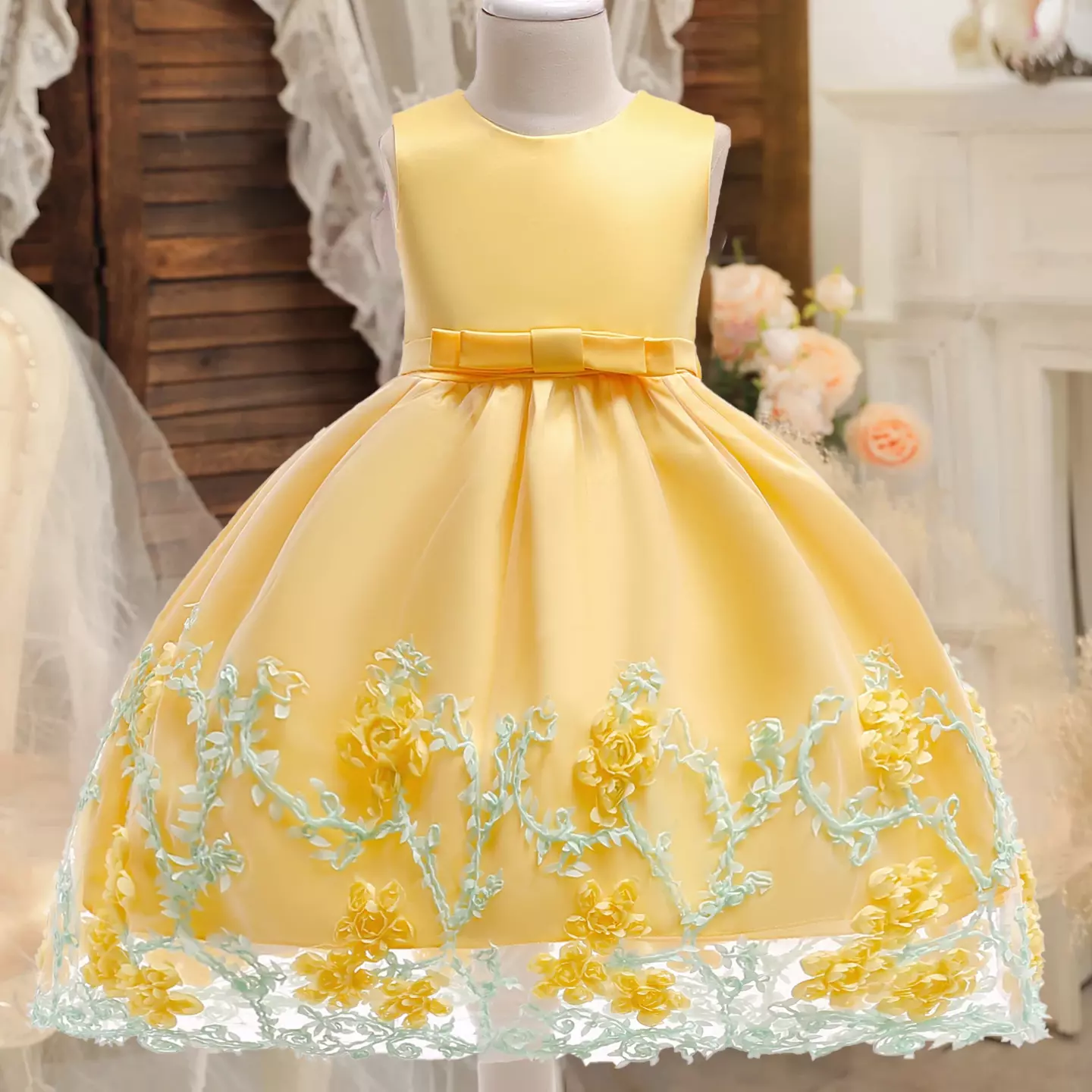 Yeri Yellow 3D Floral Satin Girls Party Dress - Knee Length Junior Bridesmaid & Birthday Dress