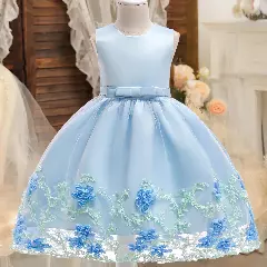 Yeri Light Blue 3D Floral Satin Girls Party Dress - Knee Length Junior Bridesmaid & Birthday Dress