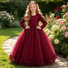 Sunny Maroon Floral Lace Long Sleeve Girls Party Dress - Tea Length Junior Bridesmaid Dress