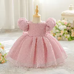 Yoona Dusty Pink Puff Sleeve Party Dress with Satin Bow for Baby & Toddler Girls