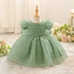 Yoona Sage Green Puff Sleeve Party Dress with Satin Bow for Baby & Toddler Girls