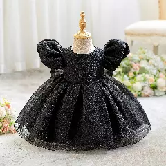 Yoona Black Puff Sleeve Party Dress with Satin Bow for Baby & Toddler Girls