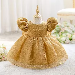 Yoona Beige Gold Puff Sleeve Party Dress with Satin Bow for Baby & Toddler Girls