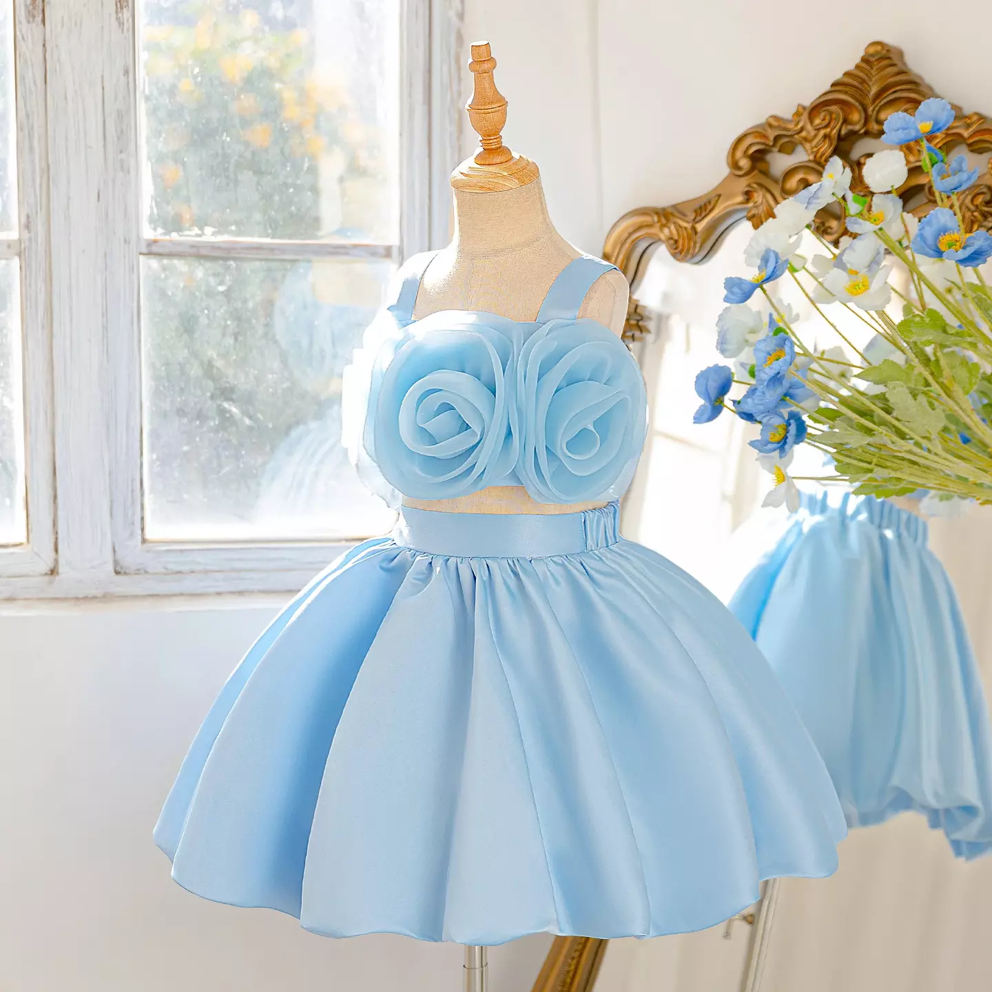 Sakura Girls Light Blue Rosette Bodice Bubble Skirt Party Dress