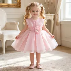 Kazuha Pink Organza Petal Shoulder Party Dress - Knee Length Baby Girls Birthday Dress