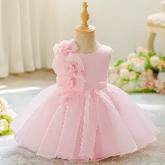 Gaeul Pink Organza Rose Cascade Party Dress - Knee Length Baby Girls Birthday Dress