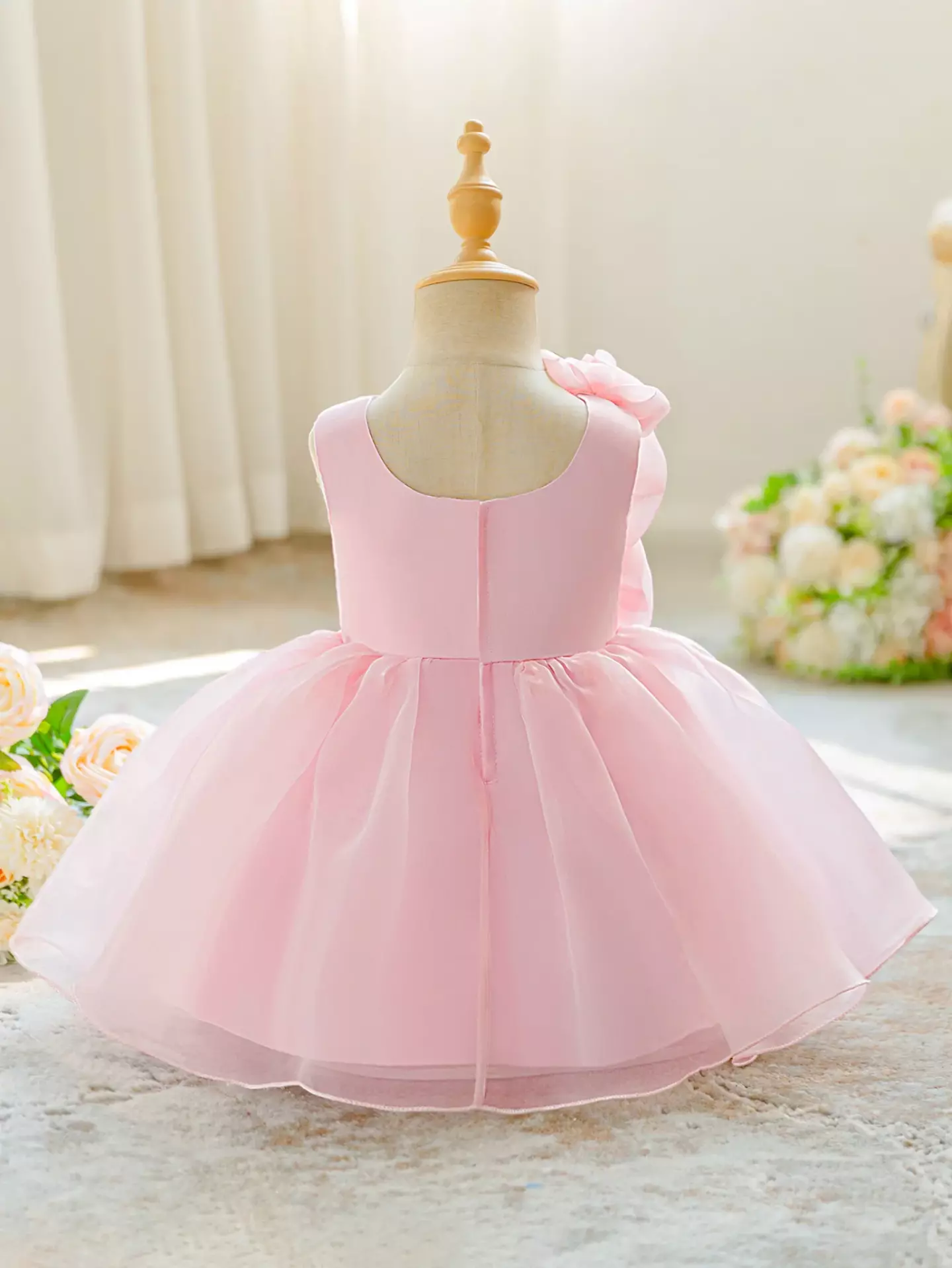 Gaeul Pink Organza Rose Cascade Party Dress - Knee Length Baby Girls Birthday Dress