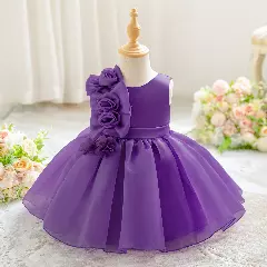 Gaeul Purple Organza Rose Cascade Party Dress - Knee Length Baby Girls Birthday Dress