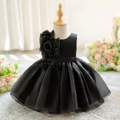 Gaeul Black Organza Rose Cascade Party Dress - Knee Length Baby Girls Birthday Dress