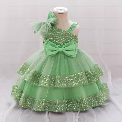 Yujin Green One-Shoulder Sequin Party Dress - Knee Length Baby Girls Birthday Dress