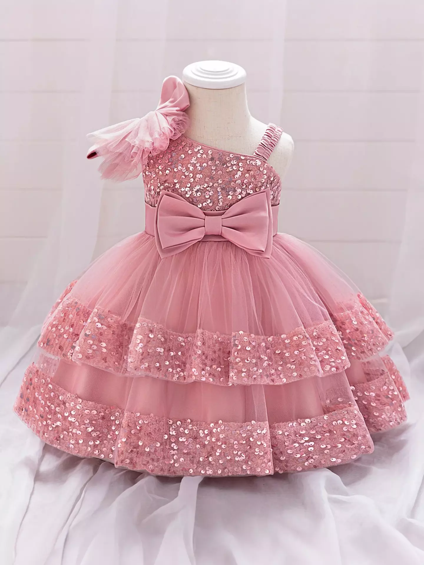 Yujin Dusty Pink One-Shoulder Sequin Party Dress - Knee Length Baby Girls Birthday Dress