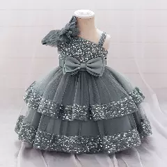 Yujin Grey One-Shoulder Sequin Party Dress - Knee Length Baby Girls Birthday Dress