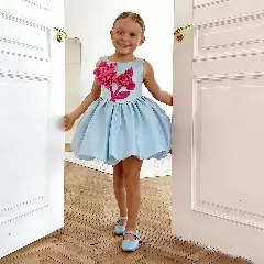 Rei Bice Blue Satin Girls Party Dress with 3D Ribbon Roses