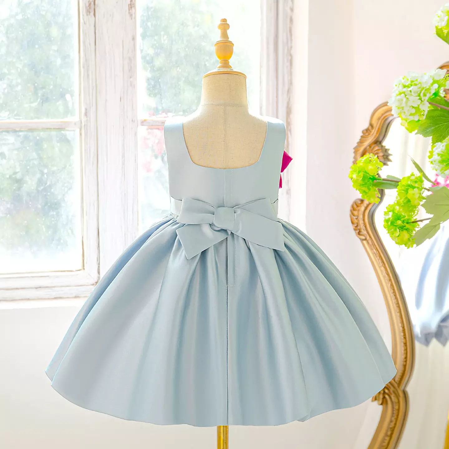 Rei Bice Blue Satin Girls Party Dress with 3D Ribbon Roses