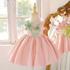 Rei Peach Pink Satin Girls Bridesmaid Dress with Ribbon Roses