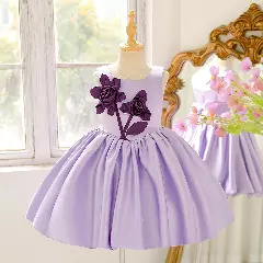 Rei Lavender Satin Girls Junior Bridesmaid Dress with Roses
