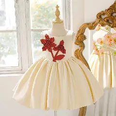 Rei Champagne Satin Girls Party Dress with 3D Ribbon Roses