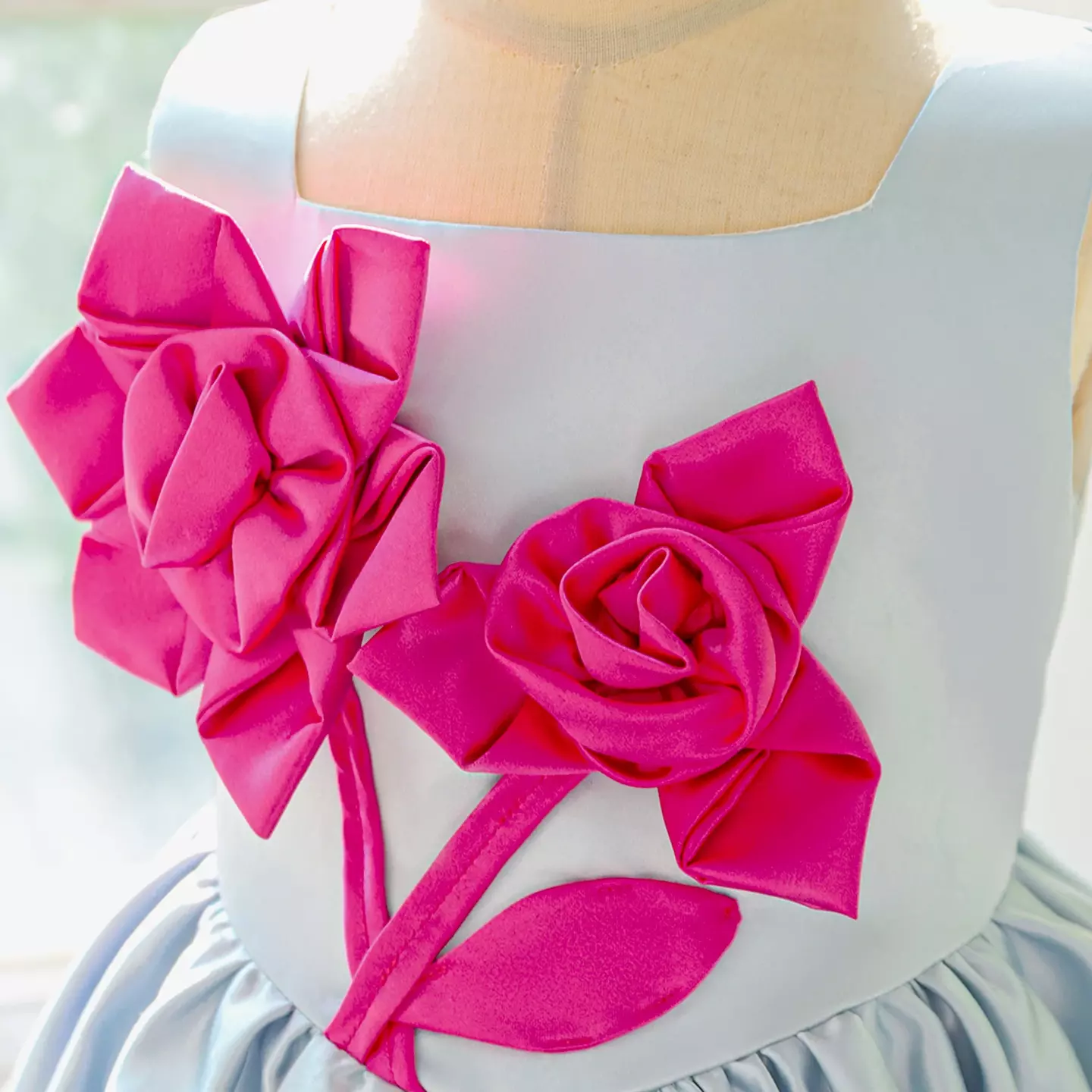 Rei Bice Blue Satin Girls Party Dress with 3D Ribbon Roses
