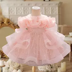 Sophie Peach Pink Sequin Tulle Baby Party Dress with Ruffle Collar