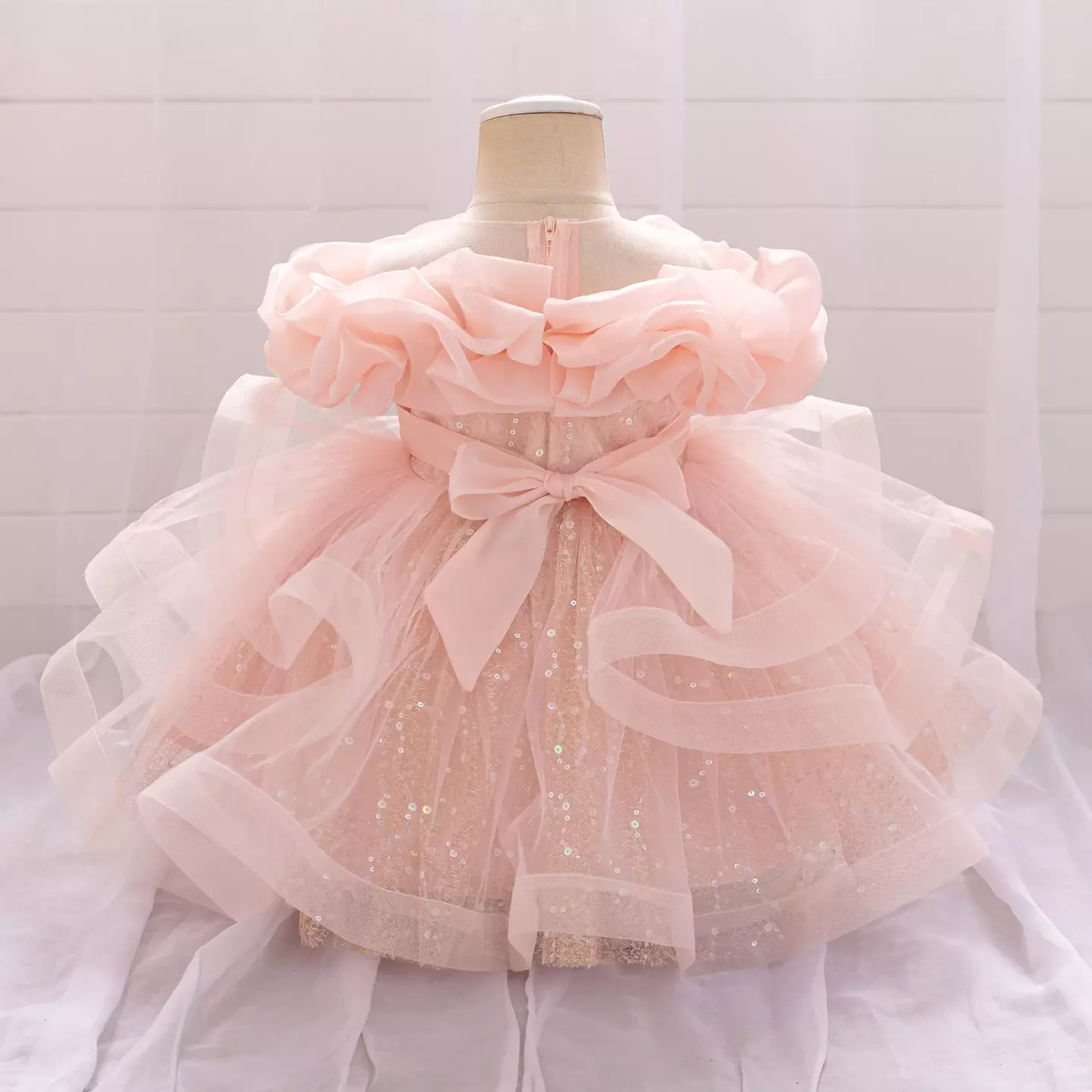 Sophie Peach Pink Sequin Tulle Baby Party Dress with Ruffle Collar