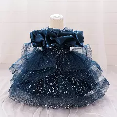 Sophie Navy Sequin Tulle Baby Party Dress with Satin Ruffle Collar