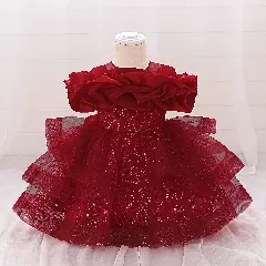 Sophie Maroon Sequin Tulle Baby Party Dress with Ruffle Collar