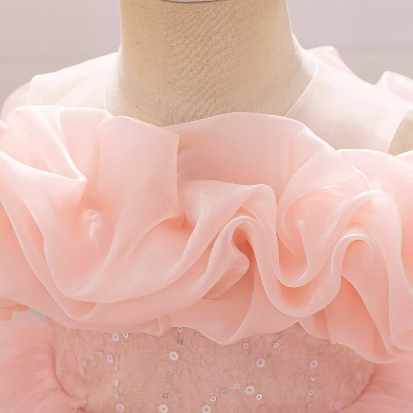 Sophie Peach Pink Sequin Tulle Baby Party Dress with Ruffle Collar