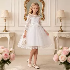 Liz White Lace Tulle Tea Length Flower Girl Dress with Pearl Illusion Neckline