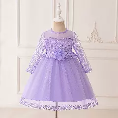 Liz Lavender Lace and Tulle Tea Length Girls Party Dress with Pearl Illusion Neckline