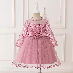 Liz Dusty Pink Lace Tulle Tea Length Junior Bridesmaid Dress with Pearl Illusion Neckline