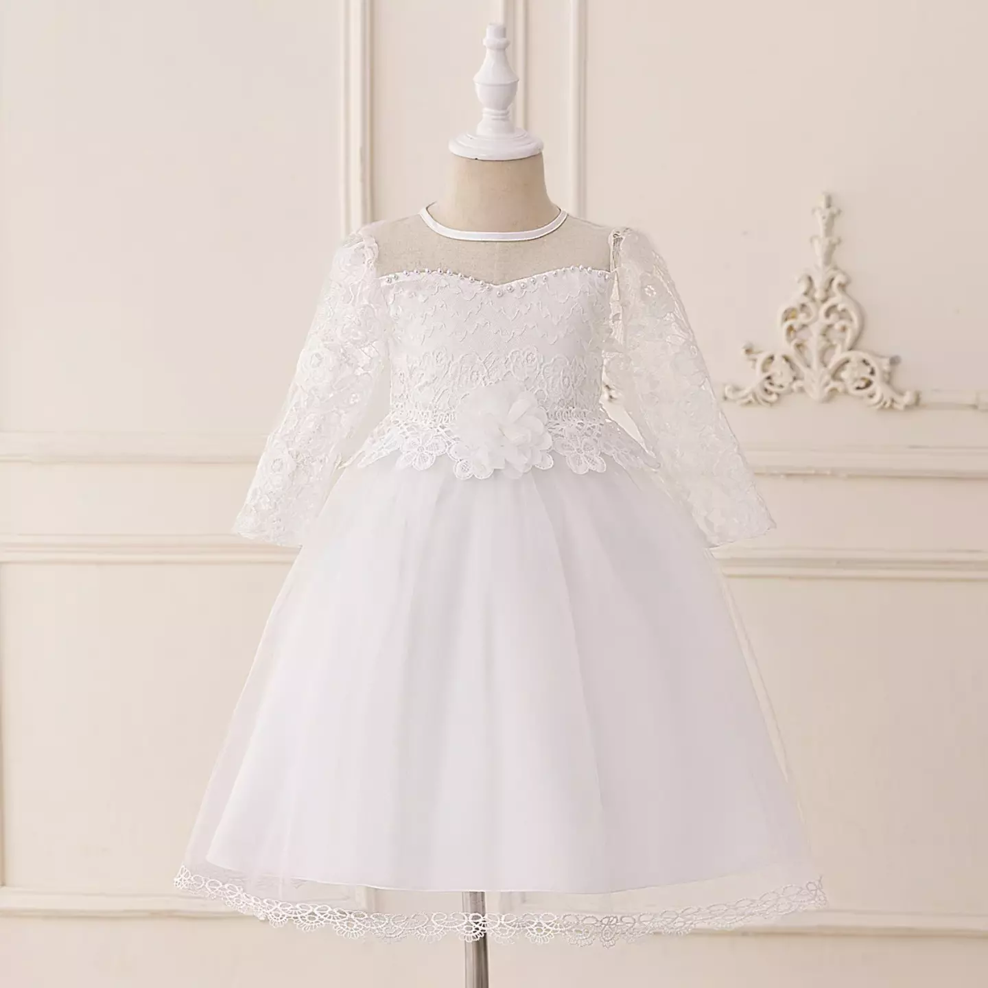 Liz White Lace Tulle Tea Length Flower Girl Dress with Pearl Illusion Neckline
