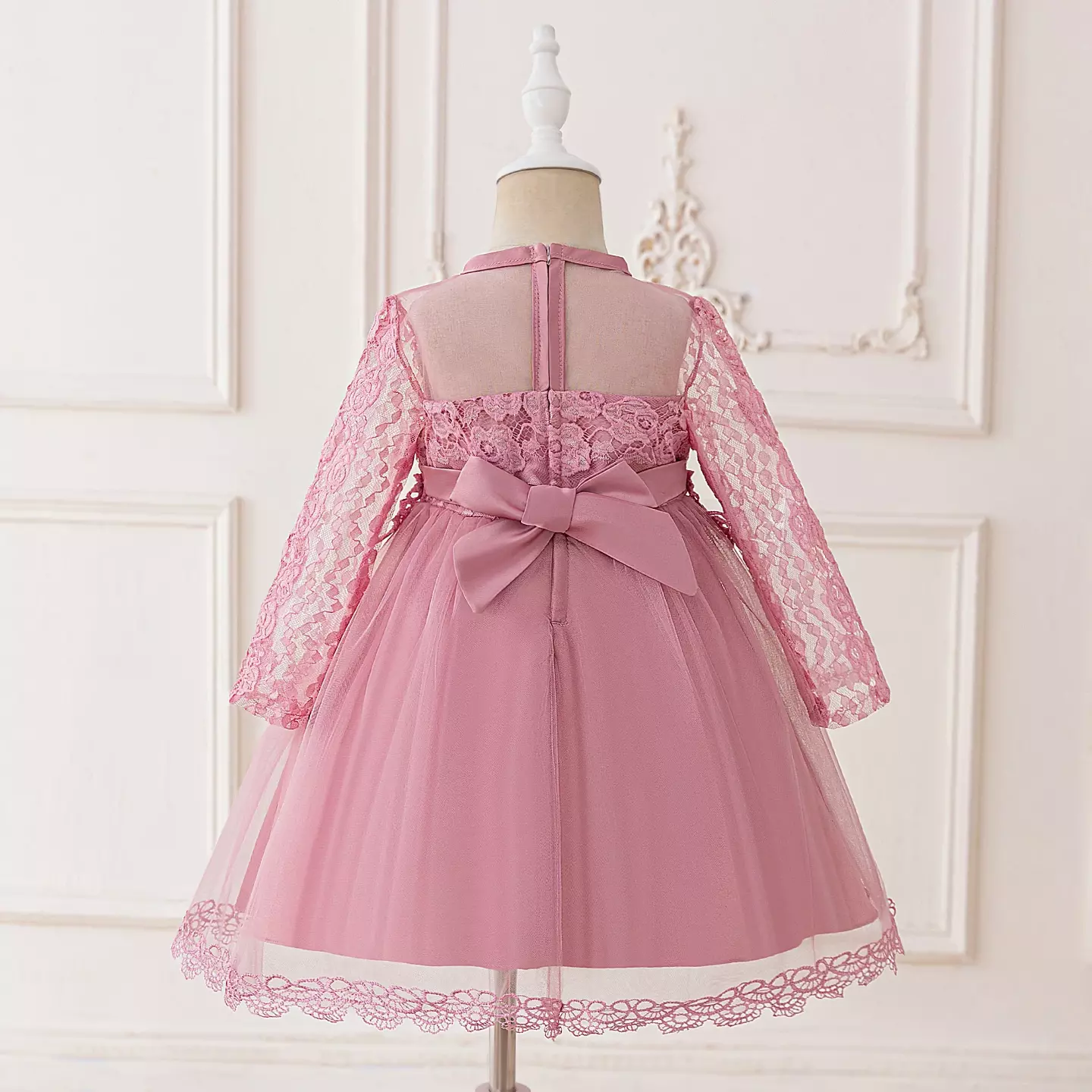 Liz Dusty Pink Lace Tulle Tea Length Junior Bridesmaid Dress with Pearl Illusion Neckline