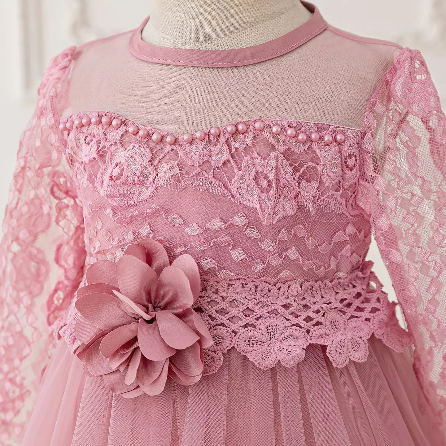 Liz Dusty Pink Lace Tulle Tea Length Junior Bridesmaid Dress with Pearl Illusion Neckline