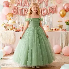 Evelyn Sage Green Tulle Tea Length Junior Bridesmaid Dress with Floral Shoulder Detail