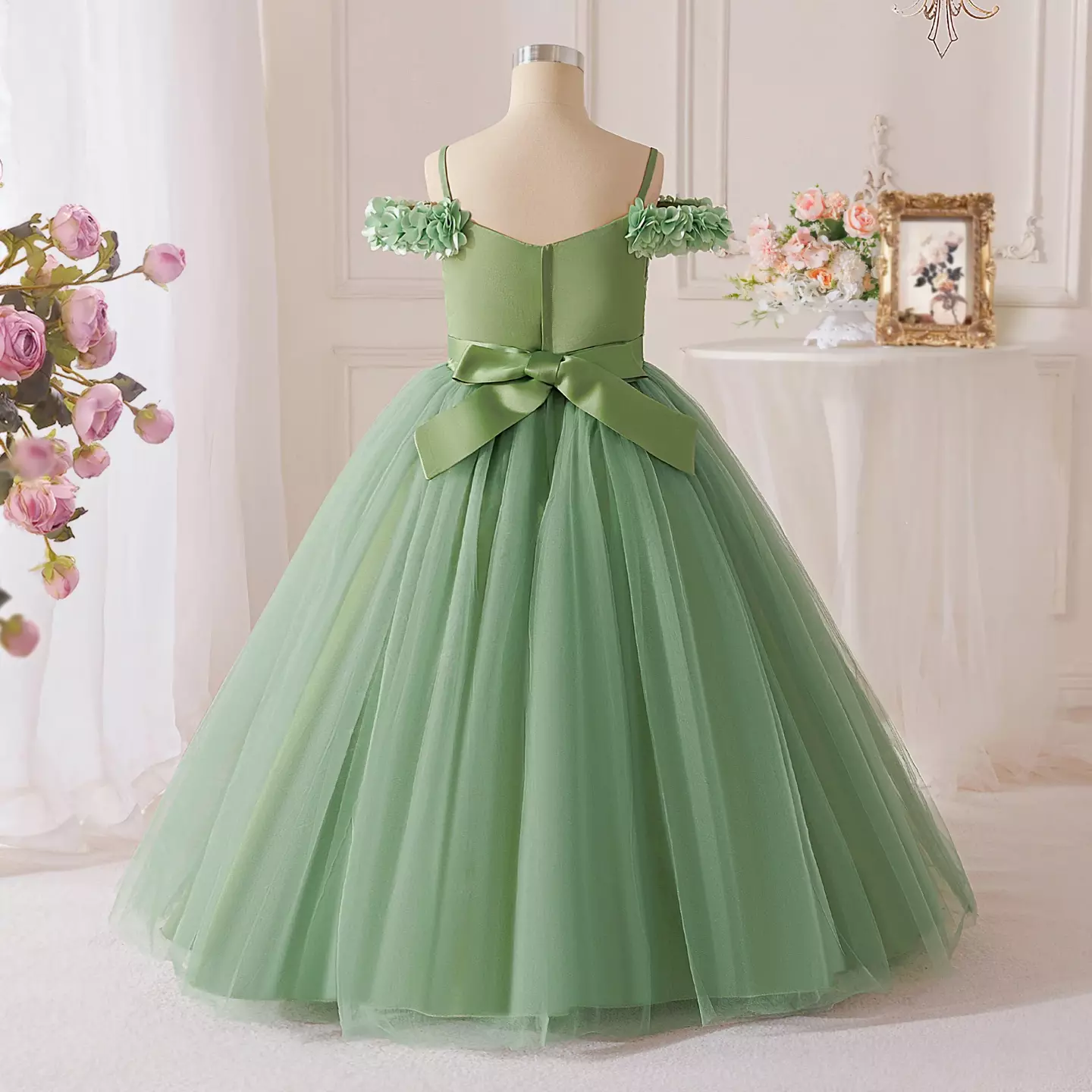 Evelyn Sage Green Tulle Tea Length Junior Bridesmaid Dress with Floral Shoulder Detail