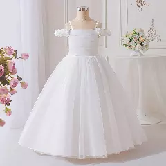 Evelyn White Tulle Tea Length Flower Girl Dress with Floral Cold Shoulder Straps