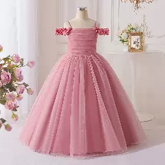 Evelyn Dusty Pink Tulle Tea Length Junior Bridesmaid Dress with Floral Cold Shoulder Straps