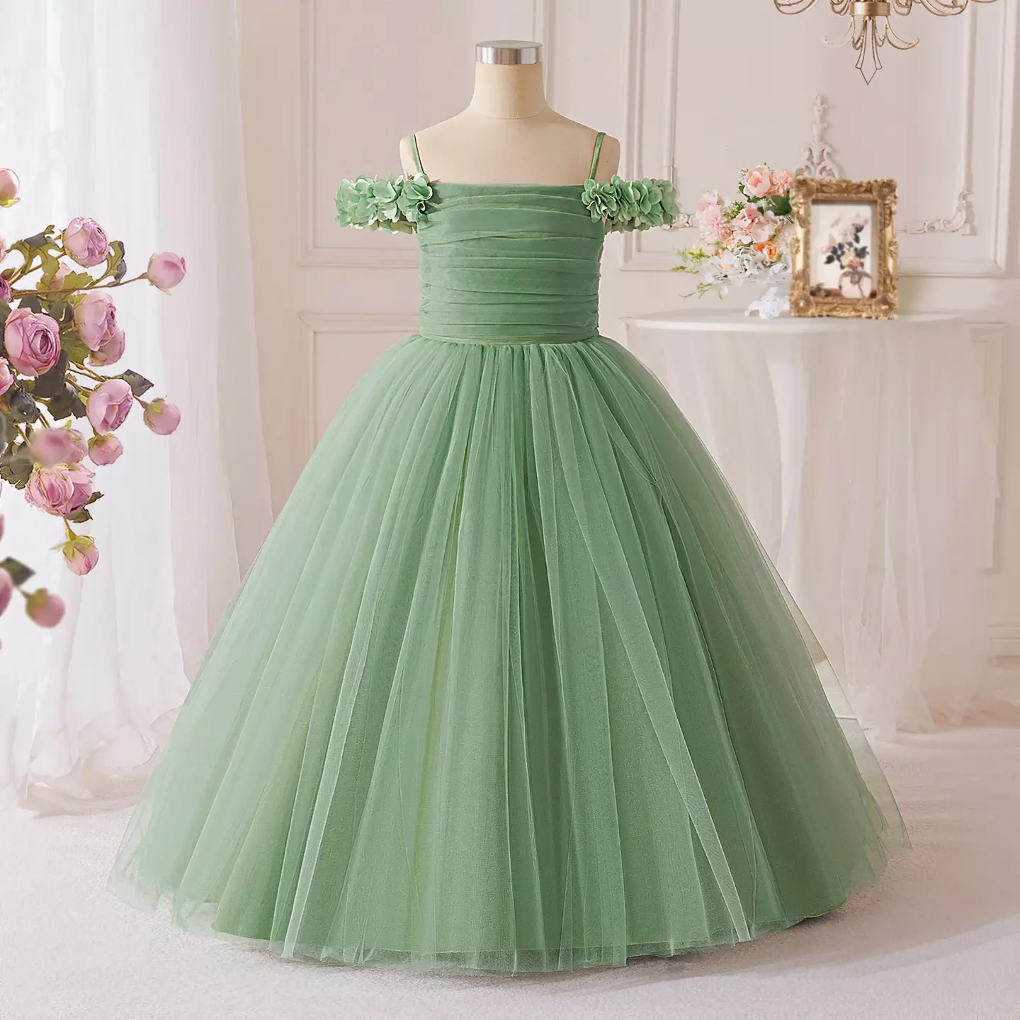 Evelyn Sage Green Tulle Tea Length Junior Bridesmaid Dress with Floral Shoulder Detail