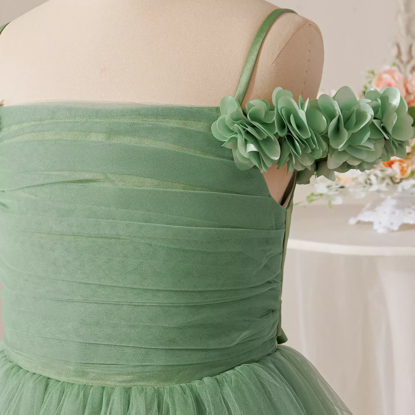 Evelyn Sage Green Tulle Tea Length Junior Bridesmaid Dress with Floral Shoulder Detail